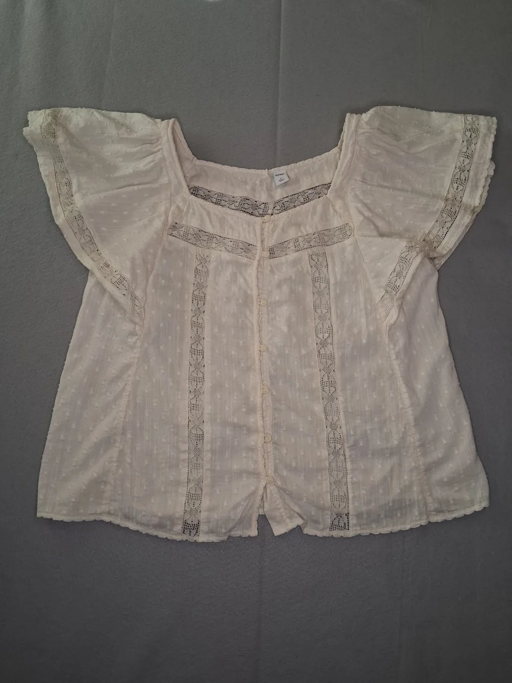 Old Navy Boho Swiss Dot Lace Trim Flutter Sleeve Blouse Cream Sz M Peasant - Picture 5 of 10